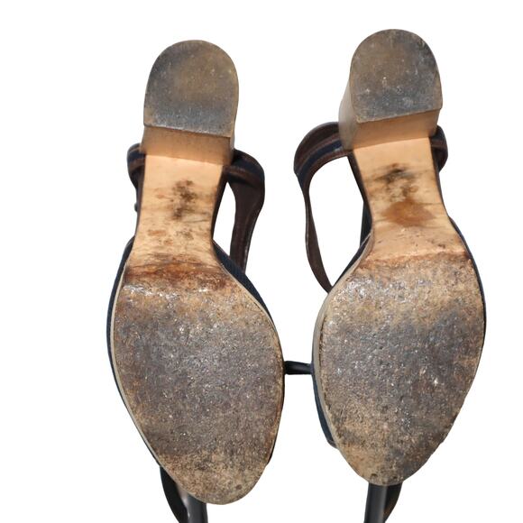 Women's Chloe Brown & Navy Leather-Canvas Strappy Block Heels Sz 39/US 9 - Picture 6 of 7